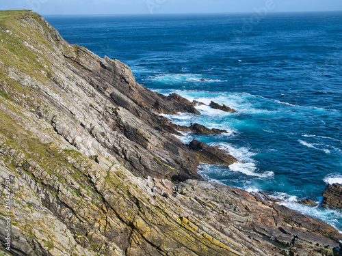  cliffs on the south Shetland coast near Sumburgh Head - the bedrock in this is the Bressay Flagstone Formation - sandstone and argillaceous rocks which are interbedded. 