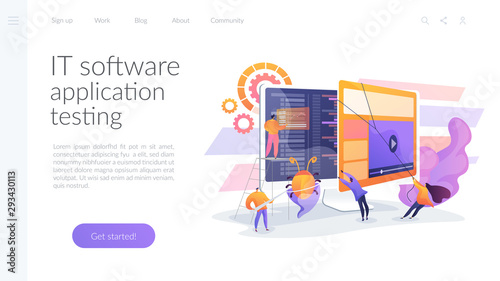 Debugging development process. Programmer work. Game programming. IT software application testing, quality assurance, QA team and bug fixing concept. Website homepage header landing web page template.