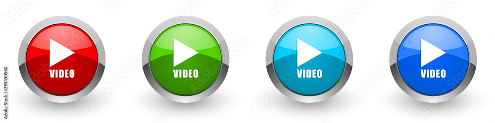 Video silver metallic glossy icons, red, set of modern design buttons for web, internet and mobile applications in four colors options isolated on white background Video silver metallic glossy icons, red, set of modern design buttons for web, internet and mobile applications in four colors options isolated on white background