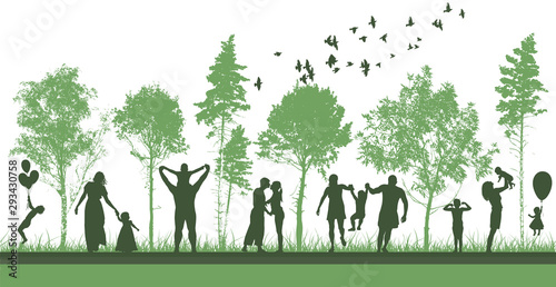 Silhouettes of people in nature. Happy families together. Vector
