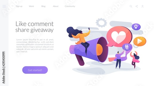 Content marketing, internet advertising business, customer attraction. Like comment share giveaway, social networks promotion, like farming concept. Website homepage header landing web page template.