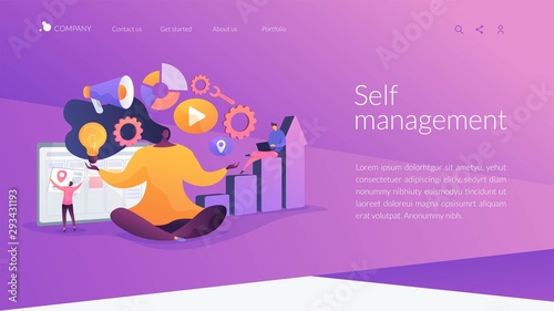 Office work stress relief exercise. Woman sitting in lotus yoga pose. Self-management, self regulation learning, self-organization course concept. Website homepage header landing web page template.