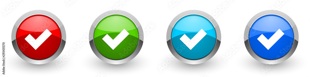 Accept silver metallic glossy icons, red, set of modern design buttons for web, internet and mobile applications in four colors options isolated on white background Accept silver metallic glossy icons, red, set of modern design buttons for web, internet and mobile applications in four colors options isolated on white background