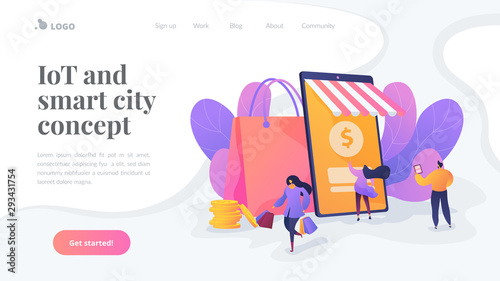 Smart retail, retail mobility solutions, IoT and smart city concept. Website homepage interface UI template. Landing web page with infographic concept hero header image.