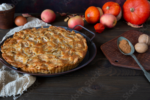 Homemade apple pie on vintage tray, apples, pumpkins, dry leaves and pie ingredients on wooden dark brown background.