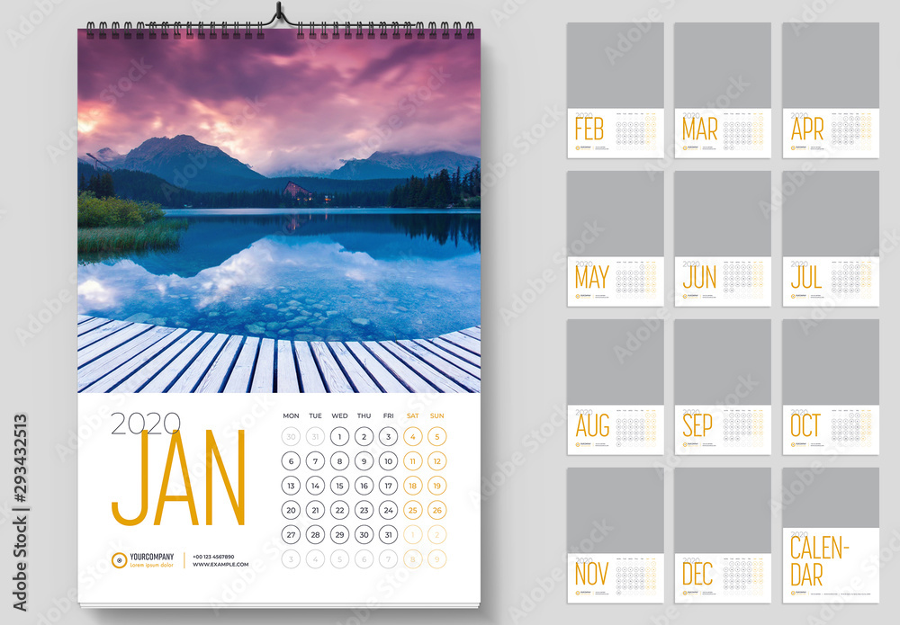 Wall Calendar Layout with Yellow Accents Stock Template | Adobe Stock