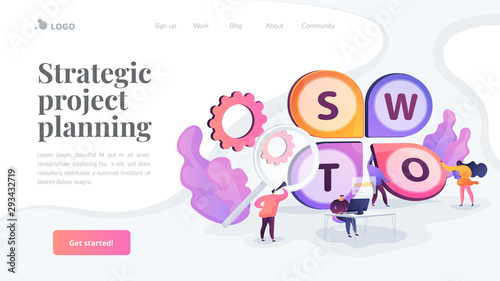 Tiny business people using SWOT technique for planning project. SWOT analysis method, SWOT matrix, strategic project planning concept. Website homepage header landing web page template.
