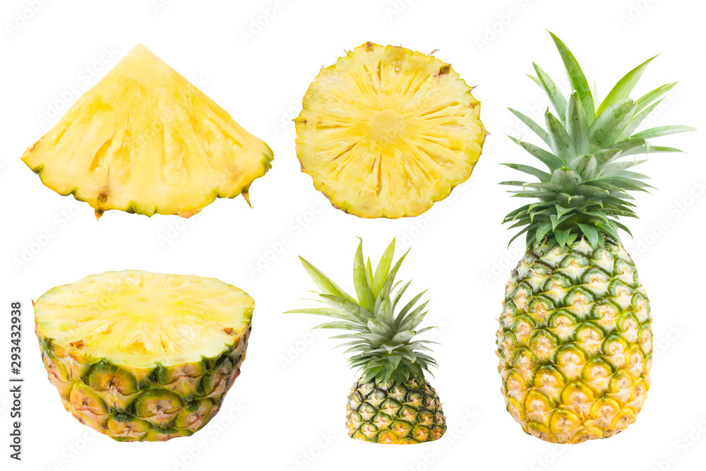 Pineapple collection. Whole and sliced pineapple isolated on white background