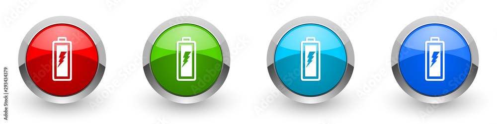 Battery silver metallic glossy icons, red, set of modern design buttons for web, internet and mobile applications in four colors options isolated on white background