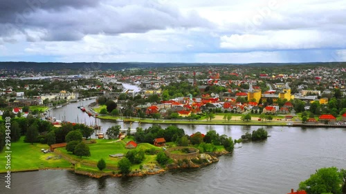 Fredrikstad, Norway. Aerial view of Glomma river in Fredrikstad, Norway with famous landmarks like Isegran Fort during a cloudy summer day photo