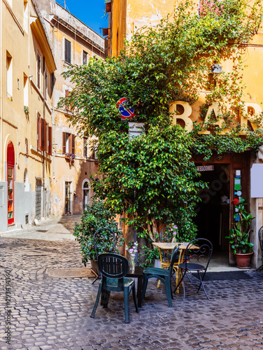 Fototapeta Naklejka Na Ścianę i Meble -  Cozy old street in Trastevere in Rome, Italy. Trastevere is rione of Rome, on the west bank of the Tiber in Rome, Lazio, Italy.  Architecture and landmark of Rome