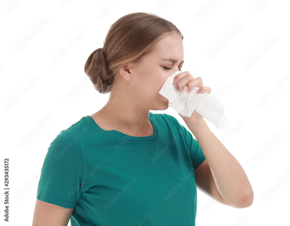 Young woman suffering from allergy on white background Young woman suffering from allergy on white background