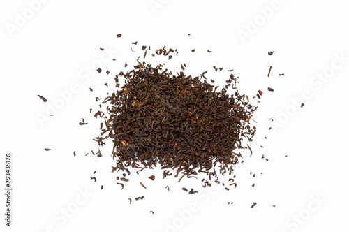 Dry tea leaves isolated on white background. Top view