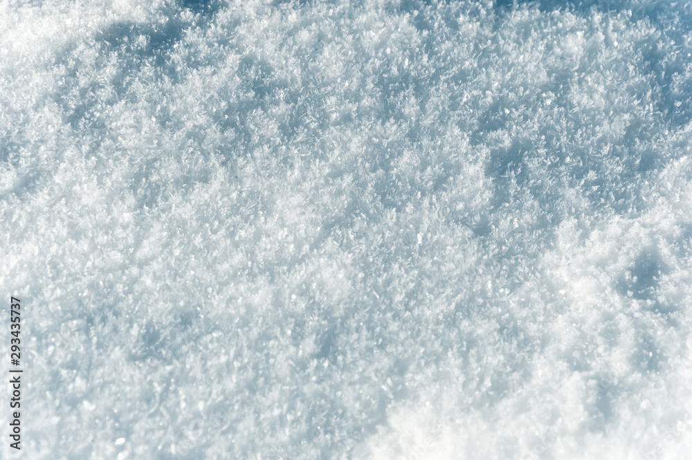 Winter background: fluffy snow surface close-up with visible snowflakes. Christmas and Happy New Year background with snow texture