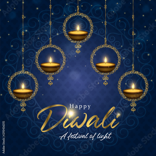 Happy diwali festival card gold indian diya candle