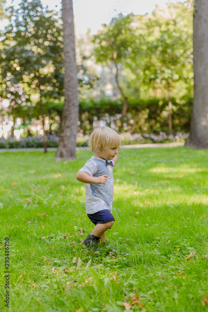 Happy little boy on a green lawn in a park. Happy little boy on a green lawn in a park.