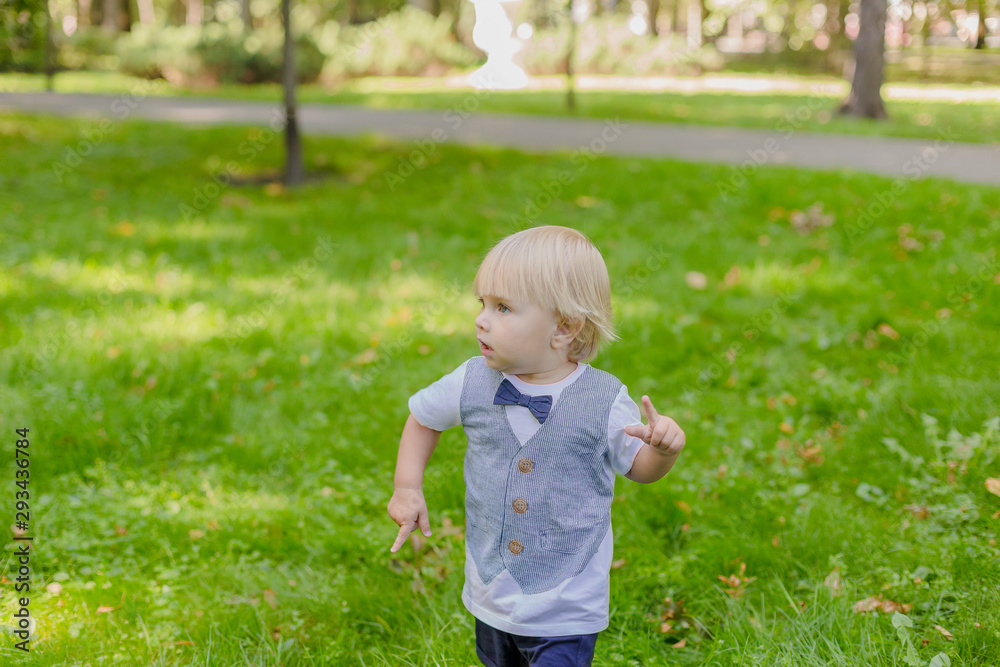 Happy little boy on a green lawn in a park. Happy little boy on a green lawn in a park.