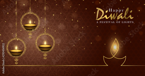 Happy diwali festival banner gold indian candle