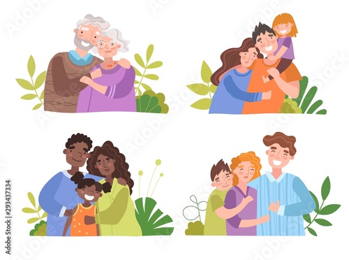 Medical insurance template, happy family concept. Illustrations of different families, parents with children and elderly couple, embracing together outside. Vector illustration