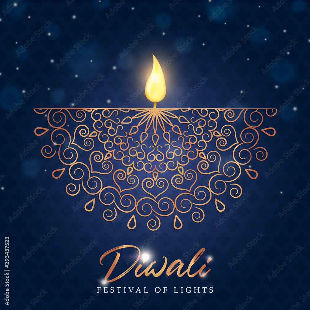 Happy diwali festival card gold indian diya candle