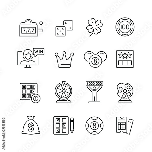 Lottery and gambling related icons: thin vector icon set, black and white kit
