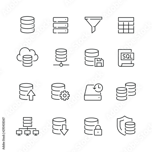 Database related icons: thin vector icon set, black and white kit