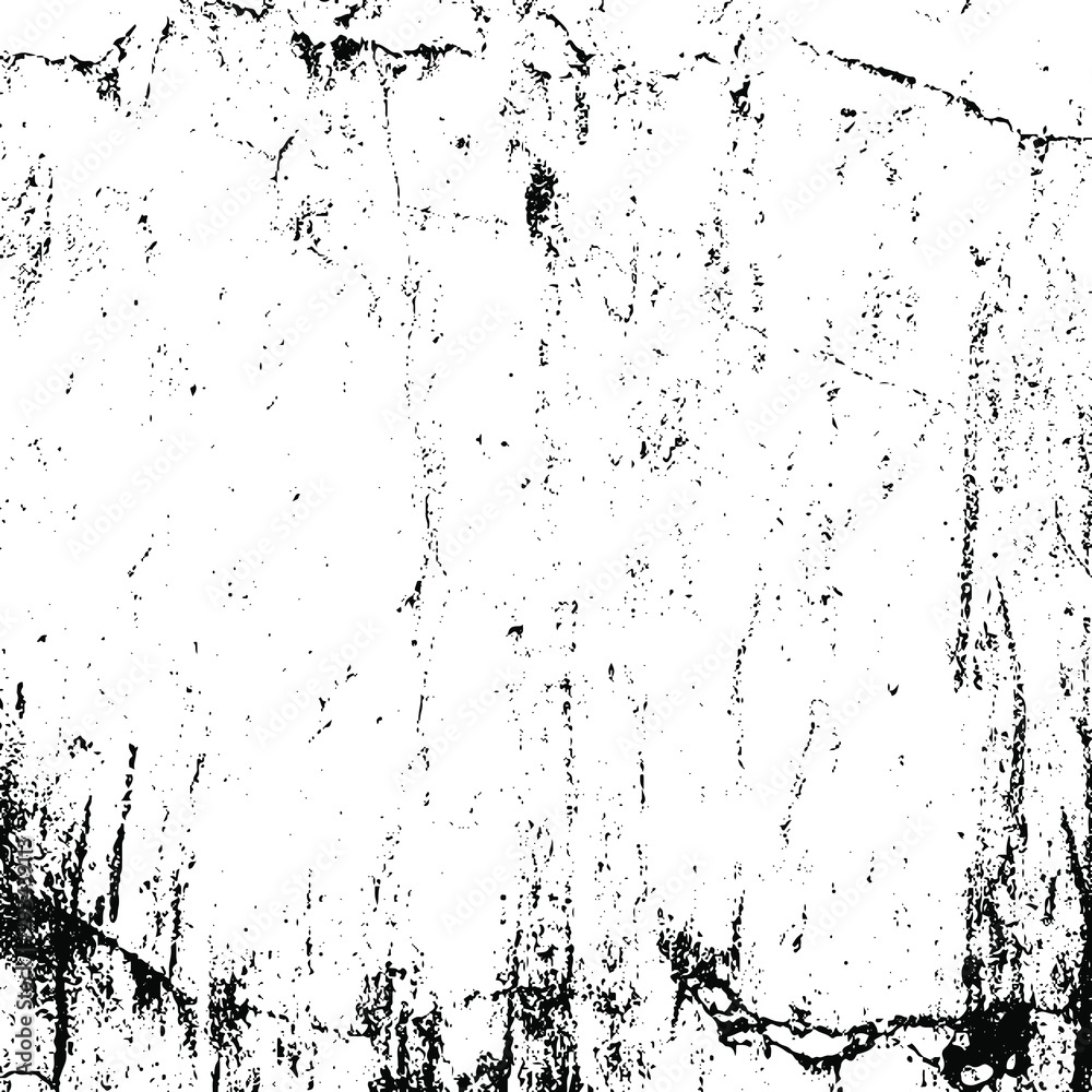 Monochrome texture composed of irregular graphic elements. Distressed uneven grunge background. Abstract vector illustration. Overlay for interesting effect and depth. Isolated on white background.