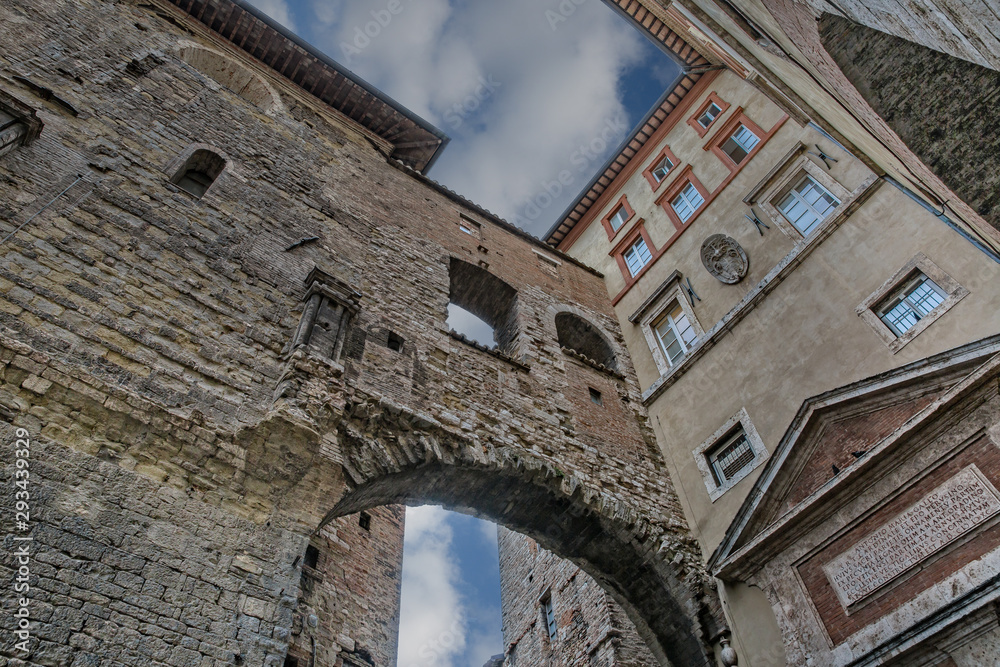 Ancient monumental architecture in Perugia.Arches and old buildings in the historic center of beautiful town of Perugia, in Umbria, Italy