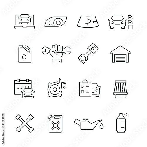Car service related icons: thin vector icon set, black and white kit