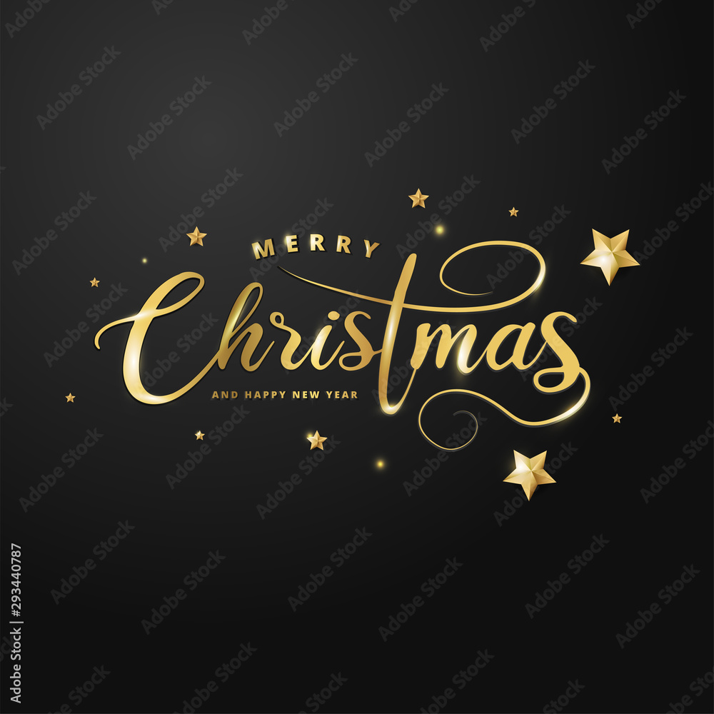 Golden calligraphy of Merry Christmas with stars on black background. Can be used as banner or poster design.