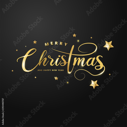 Golden calligraphy of Merry Christmas with stars on black background. Can be used as banner or poster design.
