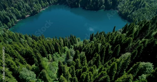 Amazing Nature Landscape View of lake Malaya Ritsa surrounded by high mountains, Abkhazia Aerial view. photo