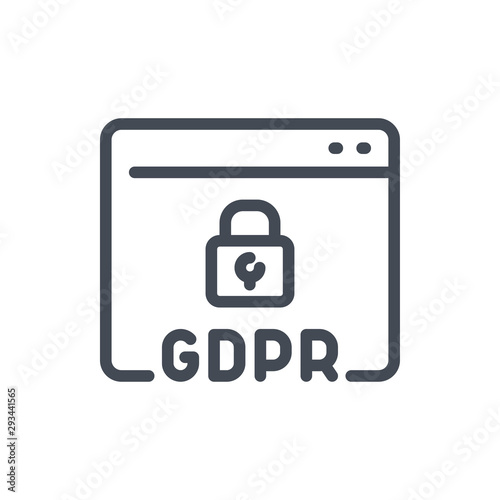 Website with GDPR secure line icon. Browser page with padlock vector outline sign.