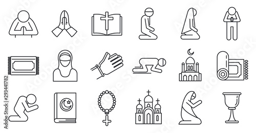 Religion prayer icons set. Outline set of religion prayer vector icons for web design isolated on white background