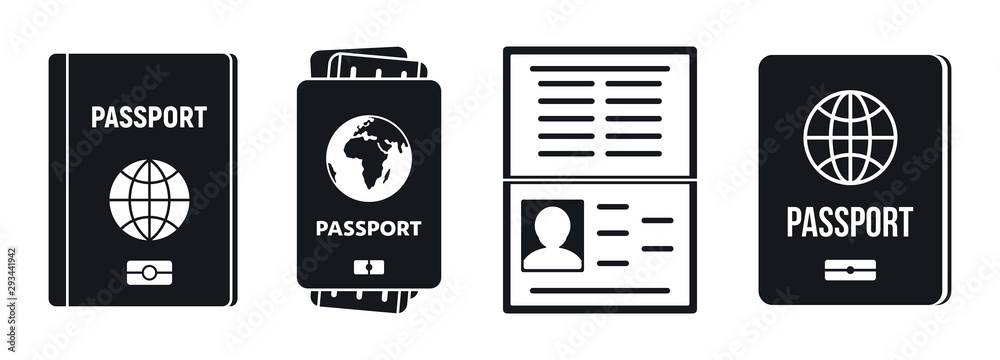 Passport document icons set. Simple set of passport document vector icons for web design on white background