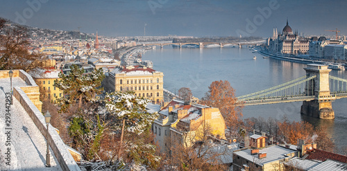 Famous Chain Bridge in winter in Budapest, Hungary