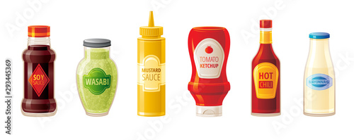Sauce set. Soy Wasabi Mustard Ketchup Hot Chili Mayonnaise sauces. Food icons with text logo on plastic squeeze packaging, glass bottle. 3d realistic vector illustration isolated on white background