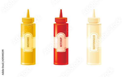 Mustard, ketchup, mayonnaise sauces bottles. Hot sauce set. Food icons with text logo label on plastic squeeze bottle packaging. 3d realistic vector illustration. Americain spice. Isolated background