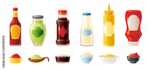 Sauce mock up set. Hot Chilli Soy Ketchup Mayonnaise Wasabi Mustard sauces. Food icon. Plastic squeeze package, glass bottle, cup bowl. 3d realistic vector illustration isolated on white background