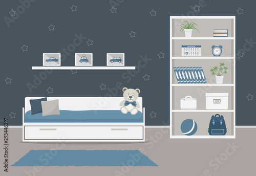 Children's room in blue color. There is a bed with pillows, paintings with cars, a wardrobe with books, flowers, boxes and other things. Vector illustration