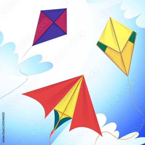 Flying kites in the sky concept background. Cartoon illustration of flying kites in the sky vector concept background for web design