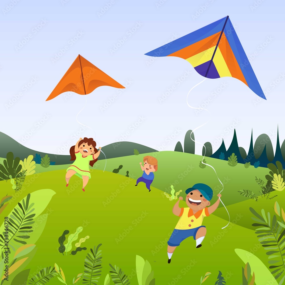 Kids play with kites concept background. Cartoon illustration of kids play with kites vector concept background for web design