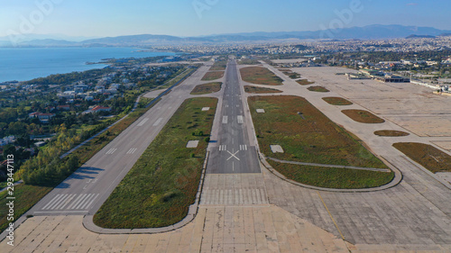 Aerial photo of old abandoned airport of Elliniko no longer in operation in Athens riviera, Attica, Greece