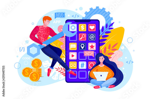 App development concept for business. Man, woman, smartphone, software technology, icon template, money coin. UI UX design for mobile device. Modern flat vector illustration for web landing page.