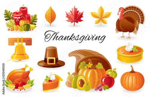 Thanksgiving icon set. Turkey, pumpkin pie, cornucopia, autumn leaf, fall harvest vegetables fruits, roast turkey. Cartoon 3d Happy Thanks giving day vector illustration isolated on white background