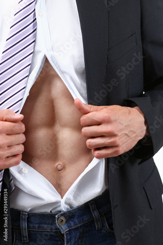 man in tie rip clothes off torso showing abs. Super human reveal, white collar healthy life style, perfect muscular train, weight loss, wellness nutrition, powerful job concept
