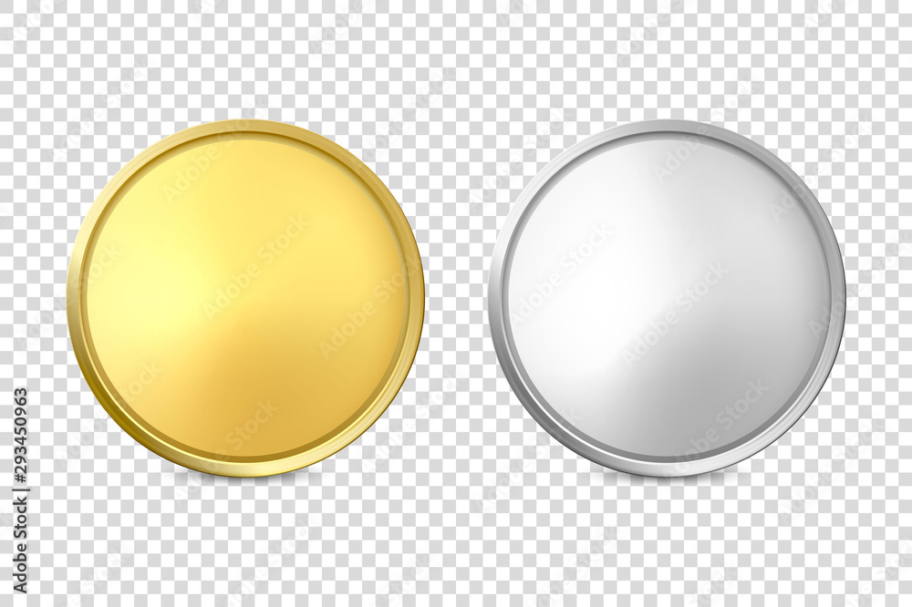 Vector 3d Realistic Blank Golden and Silver Metal Coin or Medal Icon Set Closeup Isolated on Transparent Background. Design Template, Clipart of Gold Money, Currency. Financial Concept. Front View