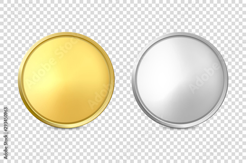 Vector 3d Realistic Blank Golden and Silver Metal Coin or Medal Icon Set Closeup Isolated on Transparent Background. Design Template, Clipart of Gold Money, Currency. Financial Concept. Front View photo