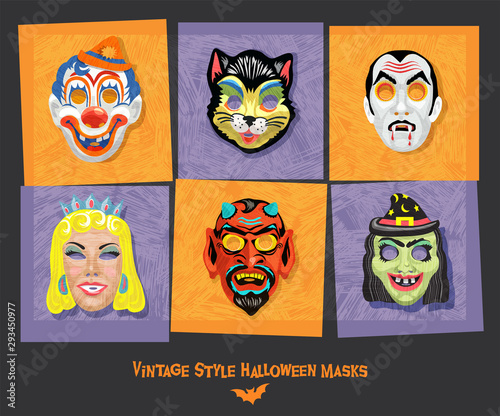 Set of vintage style halloween masks. Design elements for posters, stickers, greeting cards. Vector Illustration.