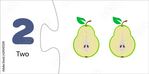 Number 2 and two pears. Children's math with numbers and fruits and berries. Account for preschoolers, toddlers, children. Puzzle game, collection